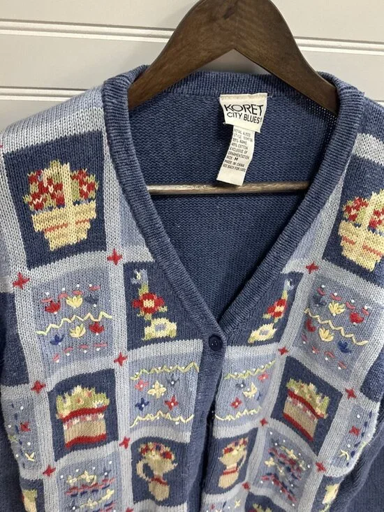 VTG Koret City Blues Blue Floral Plant Beaded Long Sleeve Cardigan Sweater Sz M - Picture 6 of 10